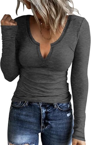 TrendiMax Damen Langarmshirt Gerippt Stretch Pullover Elegant Langarm Oberteile Hemd Tshirts V Ausschnitt Casual Basic Tops (XL, Dunkelgrau) von TrendiMax
