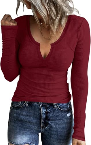 TrendiMax Damen Langarmshirt Gerippt Stretch Pullover Elegant Langarm Oberteile Hemd Tshirts V Ausschnitt Casual Basic Tops (XL, Weinrot) von TrendiMax