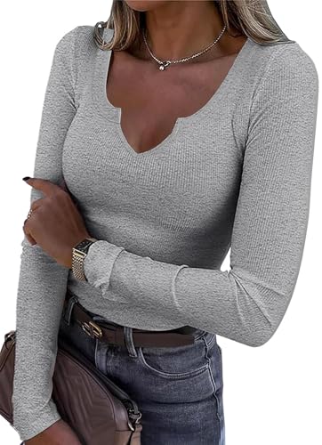 TrendiMax Damen Langarmshirt Gerippt Stretch Pullover Elegant Langarm Oberteile Hemd Tshirts V Ausschnitt Casual Bluse Basic Tops (XL, Grau) von TrendiMax