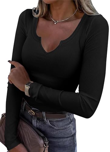 TrendiMax Damen Langarmshirt Gerippt Stretch Pullover Elegant Langarm Oberteile Hemd Tshirts V Ausschnitt Casual Bluse Basic Tops (XL, Schwarz) von TrendiMax