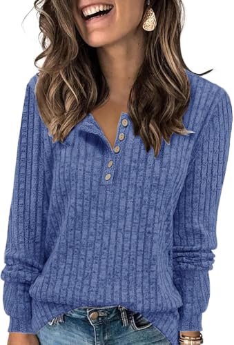 TrendiMax Damen Langarmshirt Herbst Leichte Strickpullover Rundhals-Knöpfe Henley Shirt Elegant Sweatshirt Langarm Tops (M, Blau) von TrendiMax