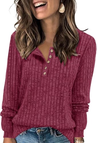 TrendiMax Damen Langarmshirt Herbst Leichte Strickpullover Rundhals-Knöpfe Henley Shirt Elegant Sweatshirt Langarm Tops (M, Burgunderrot) von TrendiMax