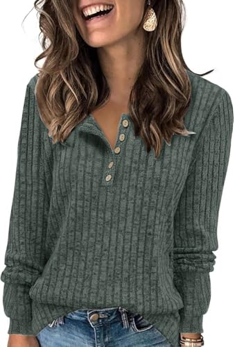 TrendiMax Damen Langarmshirt Herbst Leichte Strickpullover Rundhals-Knöpfe Henley Shirt Elegant Sweatshirt Langarm Tops (M, Dunkelgrün) von TrendiMax