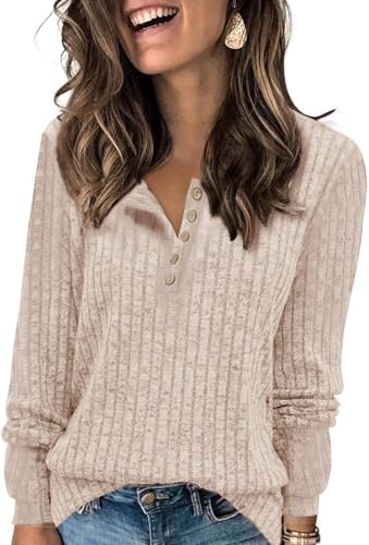 TrendiMax Damen Langarmshirt Herbst Leichte Strickpullover Rundhals-Knöpfe Henley Shirt Elegant Sweatshirt Langarm Tops (S, Aprikose) von TrendiMax