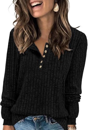 TrendiMax Damen Langarmshirt Herbst Leichte Strickpullover Rundhals-Knöpfe Henley Shirt Elegant Sweatshirt Langarm Tops (S, Schwarz) von TrendiMax