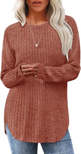 TrendiMax Damen Langarmshirt Herbst Leichte Strickpullover Rundhals Langarm Oberteile Casual Sweatshirt Tunika Tops (L, Karamell) von TrendiMax