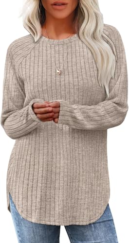 TrendiMax Damen Langarmshirt Herbst Leichte Strickpullover Rundhals Langarm Oberteile Casual Sweatshirt Tunika Tops (M, Khaki) von TrendiMax