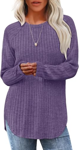 TrendiMax Damen Langarmshirt Herbst Leichte Strickpullover Rundhals Langarm Oberteile Casual Sweatshirt Tunika Tops (XL, Lila) von TrendiMax