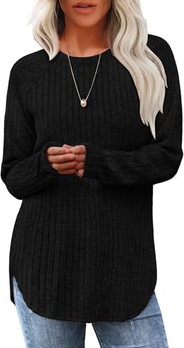 TrendiMax Damen Langarmshirt Herbst Leichte Strickpullover Rundhals Langarm Oberteile Casual Sweatshirt Tunika Tops (XL, Schwarz) von TrendiMax