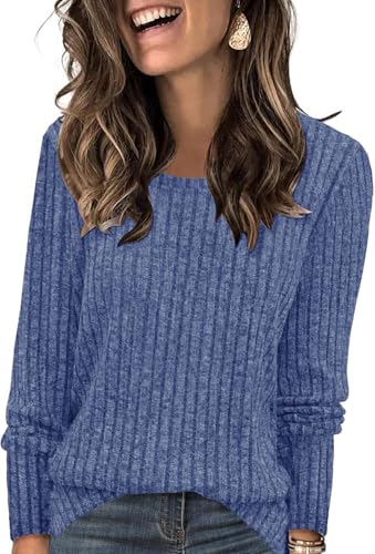 TrendiMax Damen Langarmshirt Herbst Leichte Strickpullover Rundhals Langarm Sweatshirt Loose Fit Casual Oberteile Tunika Tops (L, Blau) von TrendiMax