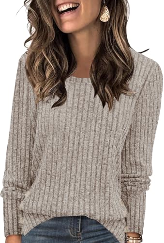 TrendiMax Damen Langarmshirt Herbst Leichte Strickpullover Rundhals Langarm Sweatshirt Loose Fit Casual Oberteile Tunika Tops (L, Khaki) von TrendiMax