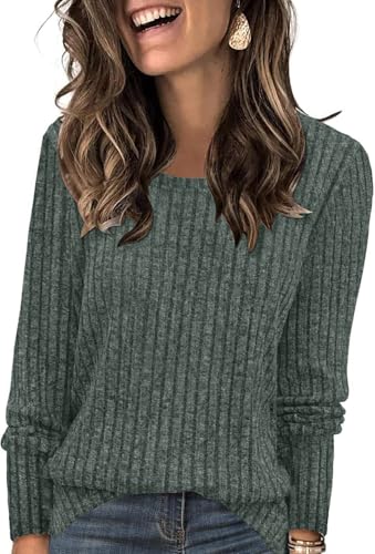 TrendiMax Damen Langarmshirt Herbst Leichte Strickpullover Rundhals Langarm Sweatshirt Loose Fit Casual Oberteile Tunika Tops (XL, Dunkelgrün) von TrendiMax