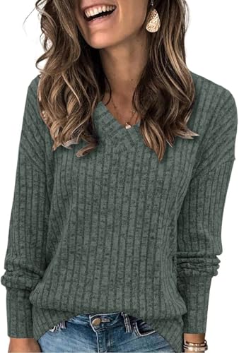 TrendiMax Damen Langarmshirt Herbst Leichte Strickpullover V-Ausschnitt Casual Oberteile Elegant Sweatshirt Loose Fit Tunika Tops (M, Dunkelgrün) von TrendiMax