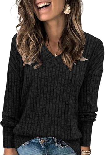TrendiMax Damen Langarmshirt Herbst Leichte Strickpullover V-Ausschnitt Casual Oberteile Elegant Sweatshirt Loose Fit Tunika Tops (S, Schwarz) von TrendiMax
