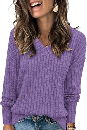 TrendiMax Damen Langarmshirt Herbst Leichte Strickpullover V-Ausschnitt Casual Oberteile Elegant Sweatshirt Loose Fit Tunika Tops (XL, Lila) von TrendiMax