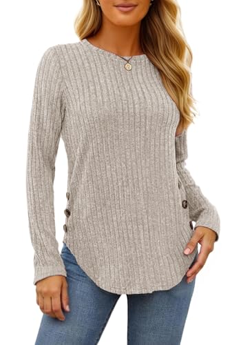 TrendiMax Damen Langarmshirt Leichte Strickpullover Rundhals Langarm Oberteile Casual Sweatshirt Tunika Tops mit Knopfdetail (XL, Khaki) von TrendiMax