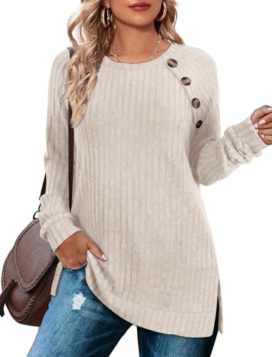 TrendiMax Damen Langarmshirt Leichte Strickpullover mit Knopfdetail Rundhals Casual Oberteile Elegant Sweatshirt Herbst Langarm Tops (L, Aprikose) von TrendiMax