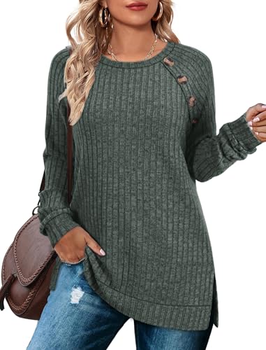 TrendiMax Damen Langarmshirt Leichte Strickpullover mit Knopfdetail Rundhals Casual Oberteile Elegant Sweatshirt Herbst Langarm Tops (L, Dunkelgrün) von TrendiMax