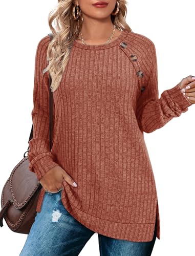 TrendiMax Damen Langarmshirt Leichte Strickpullover mit Knopfdetail Rundhals Casual Oberteile Elegant Sweatshirt Herbst Langarm Tops (L, Karamell) von TrendiMax