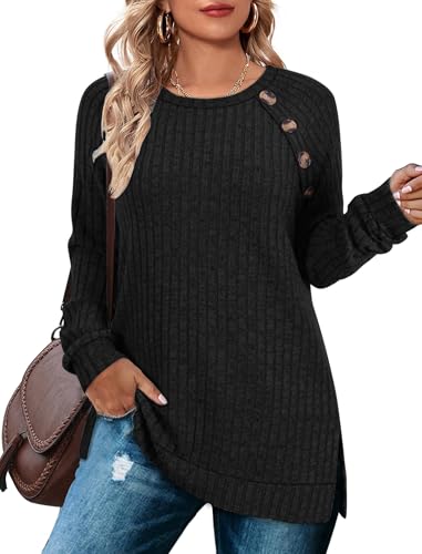 TrendiMax Damen Langarmshirt Leichte Strickpullover mit Knopfdetail Rundhals Casual Oberteile Elegant Sweatshirt Herbst Langarm Tops (M, Schwarz) von TrendiMax