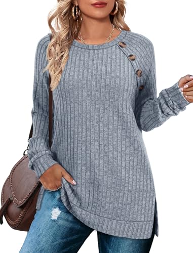 TrendiMax Damen Langarmshirt Leichte Strickpullover mit Knopfdetail Rundhals Casual Oberteile Elegant Sweatshirt Herbst Langarm Tops (S, Hellblau) von TrendiMax