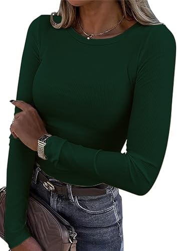 TrendiMax Damen Langarmshirt Rundhals Stretch Pullover Elegant Langarm Oberteile Hemd Tshirts Basic Tops, Dunkelgrün, S von TrendiMax