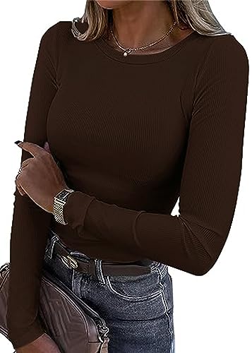 TrendiMax Damen Langarmshirt Rundhals Stretch Pullover Elegant Langarm Oberteile Hemd Tshirts Basic Tops, Dunkelkaffee, M von TrendiMax