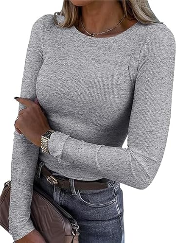 TrendiMax Damen Langarmshirt Rundhals Stretch Pullover Elegant Langarm Oberteile Hemd Tshirts Basic Tops, Grau, S von TrendiMax