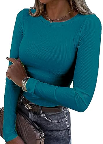 TrendiMax Damen Langarmshirt Rundhals Stretch Pullover Elegant Langarm Oberteile Hemd Tshirts Basic Tops, Pfauenblau, S von TrendiMax