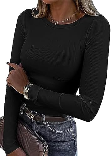 TrendiMax Damen Langarmshirt Rundhals Stretch Pullover Elegant Langarm Oberteile Hemd Tshirts Basic Tops, Schwarz, L von TrendiMax