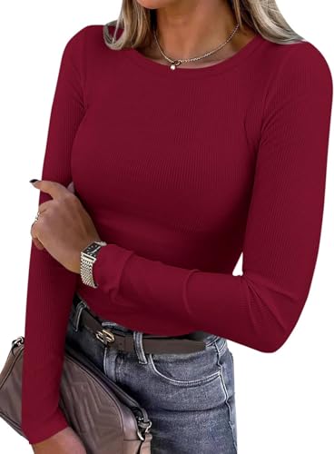 TrendiMax Damen Langarmshirt Rundhals Stretch Pullover Elegant Langarm Oberteile Hemd Tshirts Basic Tops, Weinrot, M von TrendiMax