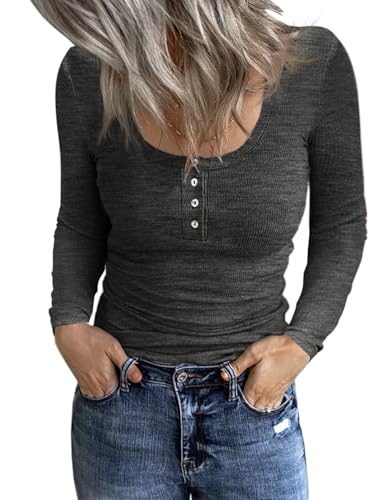 TrendiMax Damen Langarmshirt Rundhals Stretch Pullover Gerippt Elegant Langarm Oberteile Henley Shirt mit Knopfleiste Casual Basic Tops, Dunkelgrau, L von TrendiMax