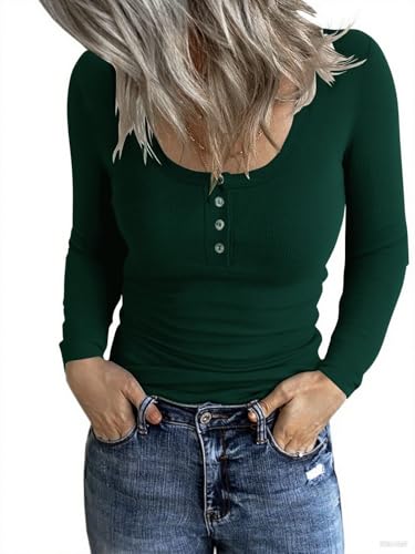 TrendiMax Damen Langarmshirt Rundhals Stretch Pullover Gerippt Elegant Langarm Oberteile Henley Shirt mit Knopfleiste Casual Basic Tops, Dunkelgrün, S von TrendiMax