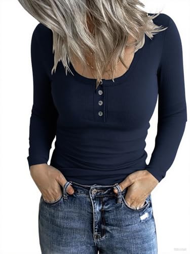 TrendiMax Damen Langarmshirt Rundhals Stretch Pullover Gerippt Elegant Langarm Oberteile Henley Shirt mit Knopfleiste Casual Basic Tops, Navy Blau, L von TrendiMax