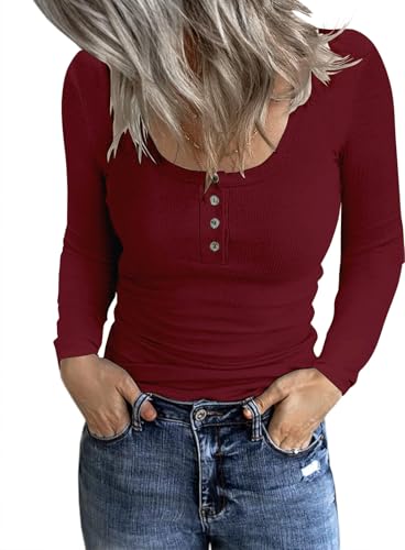TrendiMax Damen Langarmshirt Rundhals Stretch Pullover Gerippt Elegant Langarm Oberteile Henley Shirt mit Knopfleiste Casual Basic Tops, Weinrot, M von TrendiMax