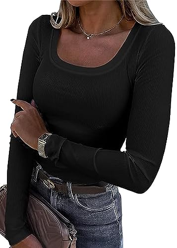 TrendiMax Damen Langarmshirt Rundhals Stretch Pullover Langarm Oberteile Hemd Tshirts Casual Basic Tops, Schwarz, L von TrendiMax