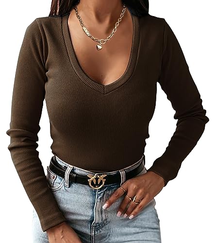 TrendiMax Damen Langarmshirt Stretch Pullover V Ausschnitt Gerippt Slim Fit Basic T-Shirt Sexy Oberteile Langarm Tunika Tops, Dunkelkaffee, XL von TrendiMax