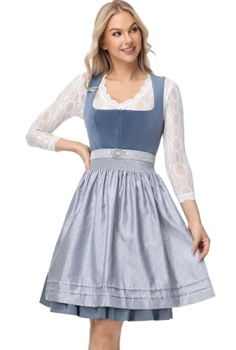 TrendiMax Damen Midi Dirndl - Elegantes Trachtenkleid Samt Dirndlkleid für Oktoberfest mit Dirndlschürze, Grau, 44 von TrendiMax