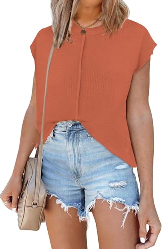 TrendiMax Damen Pullover Sommer Rundhals Kurzarm Strickpullover Flügelärmel Pullover T Shirt Casual Oberteile Bluse Tops, Rostrot, M von TrendiMax