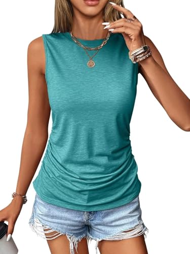 TrendiMax Damen Ruched Tank Top Ärmellose Basic Shirt Lässige Sommer Oberteile Rundhals Top, Blaugrün, M von TrendiMax