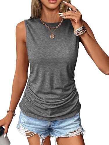 TrendiMax Damen Ruched Tank Top Ärmellose Basic Shirt Lässige Sommer Oberteile Rundhals Top, Grau, XL TrendiMax Damen Ruched Tank Top Ärmellose Basic Shirt Lässige Sommer Oberteile Rundhals Top, Grau, XL von TrendiMax