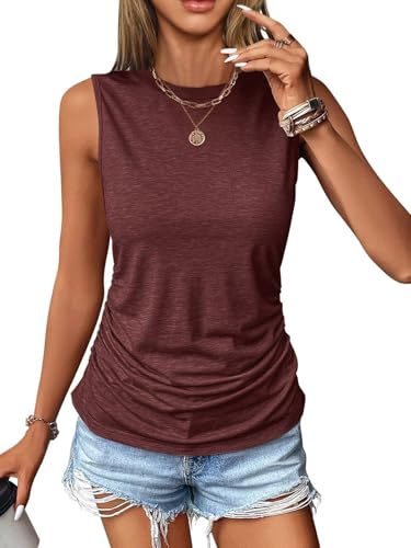TrendiMax Damen Ruched Tank Top Ärmellose Basic Shirt Lässige Sommer Oberteile Rundhals Top, Lilarot, S von TrendiMax