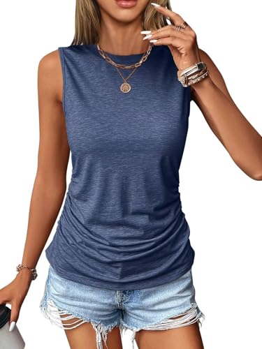 TrendiMax Damen Ruched Tank Top Ärmellose Basic Shirt Lässige Sommer Oberteile Rundhals Top, Navy Blau, L von TrendiMax