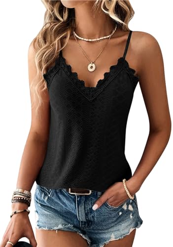 TrendiMax Damen Spitze Top Sommer V Ausschnitt Spaghetti Oberteile Ärmellose Shirt Sexy Cami Top (S, Schwarz) von TrendiMax