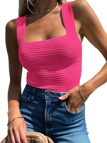 TrendiMax Damen Strick Tank Top Quadratischer Hals Ärmellose Sommer Oberteile Slim Fit Strand Weste Tanktop Lässig Sweater Vest Tops, Hot Pink, L von TrendiMax