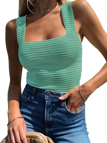 TrendiMax Damen Strick Tank Top Quadratischer Hals Ärmellose Sommer Oberteile Slim Fit Strand Weste Tanktop Lässig Sweater Vest Tops, Salbei, XL von TrendiMax