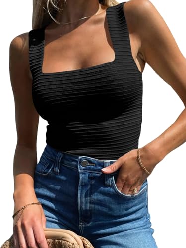 TrendiMax Damen Strick Tank Top Quadratischer Hals Ärmellose Sommer Oberteile Slim Fit Strand Weste Tanktop Lässig Sweater Vest Tops, Schwarz, M von TrendiMax