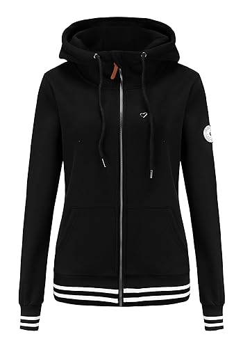 TrendiMax Damen Sweatjacke Kapuzenpullover Zip Hoodie Kapuzenjacke Winter Sweatshirt Jacke, Schwarz-Uni, L von TrendiMax