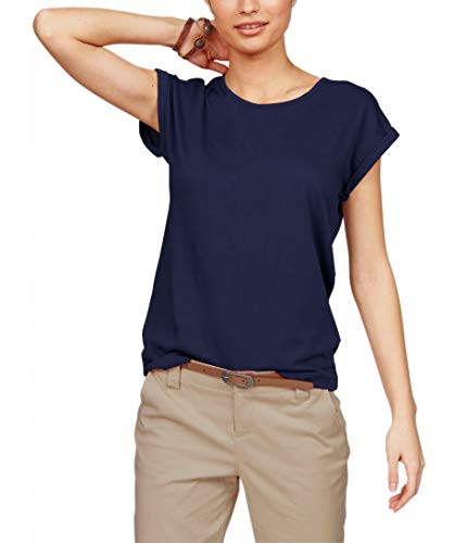 TrendiMax Damen T-Shirt Einfarbig Rundhals Kurzarm Sommer Shirt Locker Oberteile Basic Tops, Dunkelblau, L von TrendiMax