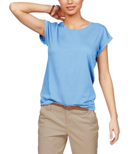 TrendiMax Damen T-Shirt Einfarbig Rundhals Kurzarm Sommer Shirt Locker Oberteile Basic Tops, Himmelblau, XL von TrendiMax